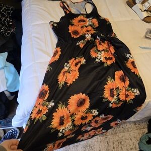 Sunflower Print Black Maxi Dress